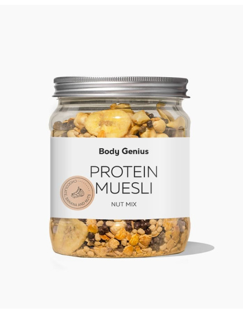 Muesli proteico de chocolate, plátano y frutos...