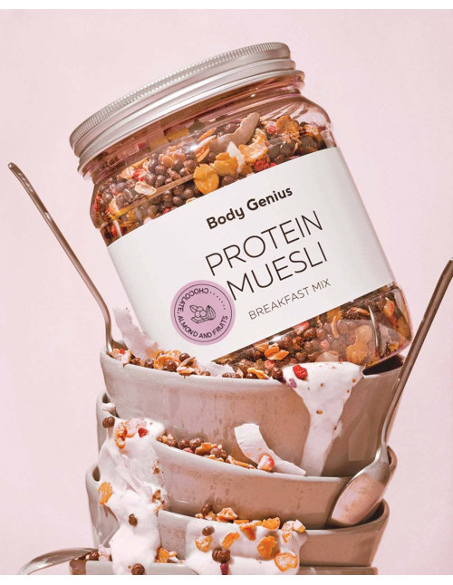 Muesli proteico de frutos rojos, coco, cacao y...